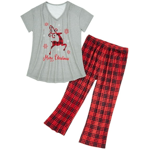 Zando Womens Pajamas Set Casual Women's Sleepwear 2 Pack Short Sleeve Tee and Capri Pants Fun Prints Womens Loungewear Set Grey Red Deer Size M-3XL