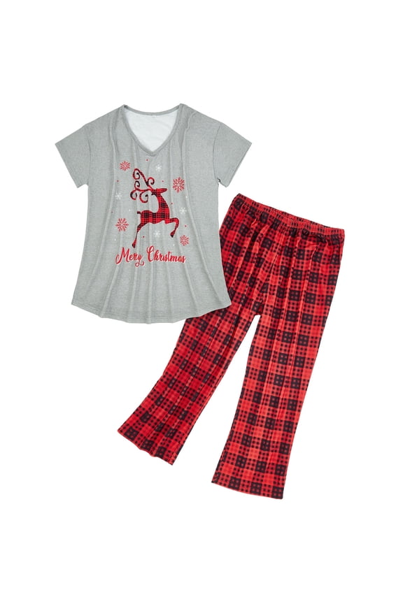 Womens Pajamas Set Casual Women's Sleepwear 2 Pack Short Sleeve Tee and Capri Pants Fun Prints Womens Loungewear Set Grey Red Deer Size M-3XL