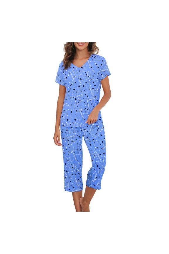 Womens Pajamas Set Casual Women's Sleepwear 2 Pack Short Sleeve Tee and Capri Pants Fun Prints Womens Loungewear Set North Star Size M-3XL