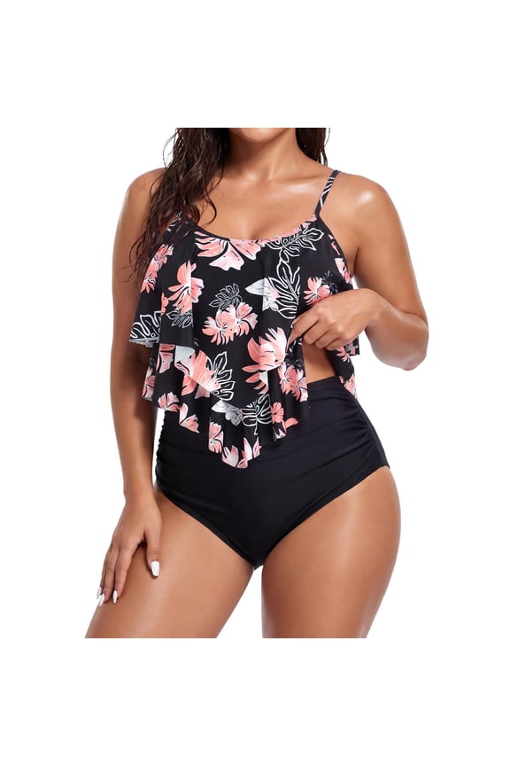 High Waisted Tankini Bathing Suits for Women Plus Size Modest Swimsuits with Ruffle 2 Piece Tummy Control Swimwear Pink Flowers Black 2XL