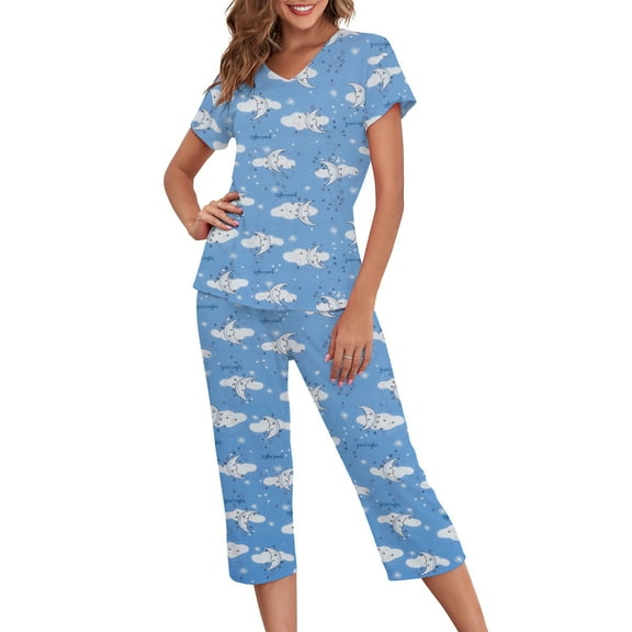 Zando Womens Short Sleeve Pajama Sets for Women Soft Sleepwear Tops with Capri Pants Loungewear 2 Piece Pj Set Blue Moon XL