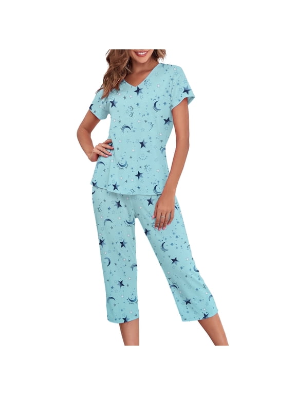 Womens Pajama Sets 2 Piece Soft Cotton Blend Capri Pajamas Short Sleeve Printed PJs Loungewear M-3XL