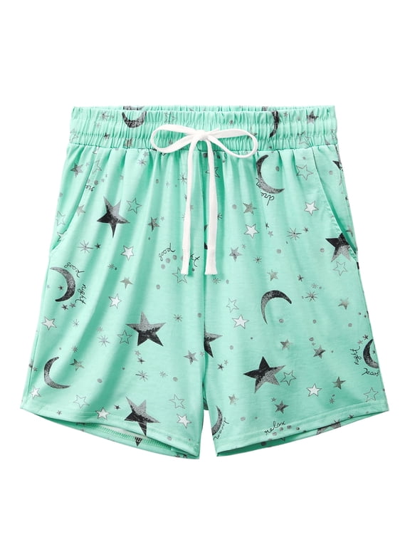Womens Pajama Shorts Casual Drawstring Sleep Shorts Soft Lounge Sleepwear with Pockets Green Star XL