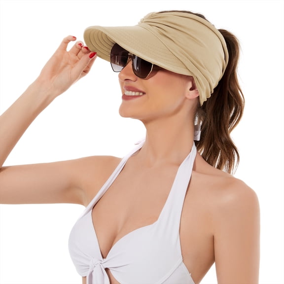 Zando Womens Sun Visor Hats Wide Brim Beach Hats for Women UV Protection Foldable Sun Hat with Ponytail Beige