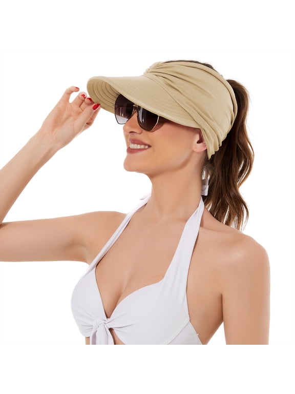 Womens Sun Visor Hats Wide Brim Beach Hats for Women UV Protection Foldable Sun Hat with Ponytail Beige