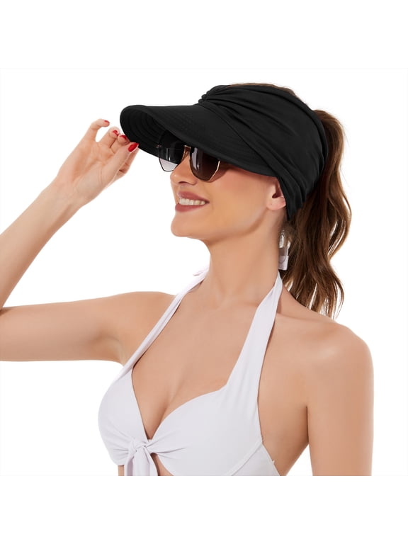 Womens Sun Visor Hats Wide Brim Beach Hats for Women UV Protection Foldable Sun Hat with Ponytail Black