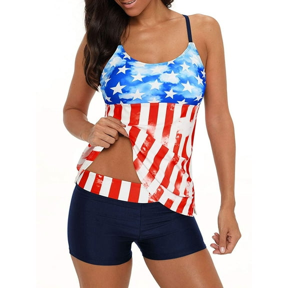 Zando Womens Tankini Bathing Suits for Women Halter Swimsuits Tummy Control 2 Piece Swim Suit American Flag XXL