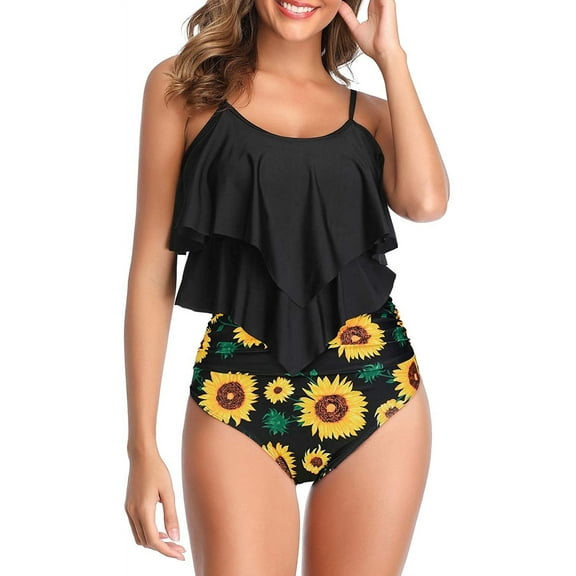 Zando Womens Tankini Swimsuit 2 Piece Bathing Suits for Women Ruffled Tummy Control High Waisted Swimsuits Black Sunflower M
