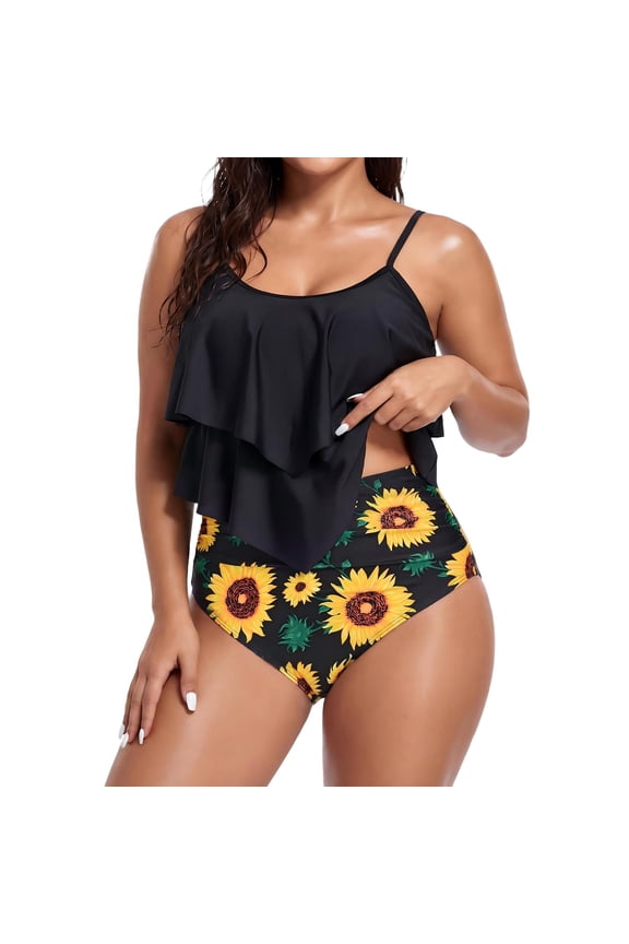 High Waisted Tankini Bathing Suits for Women Modest Swimsuits with Ruffle 2 Piece Tummy Control Swimwear Black Sunflower XL