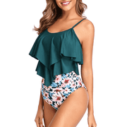 Zando High Waisted Tankini Bathing Suits for Women Modest Swimsuits with Ruffle 2 Piece Tummy Control Swimwear Green Flower S