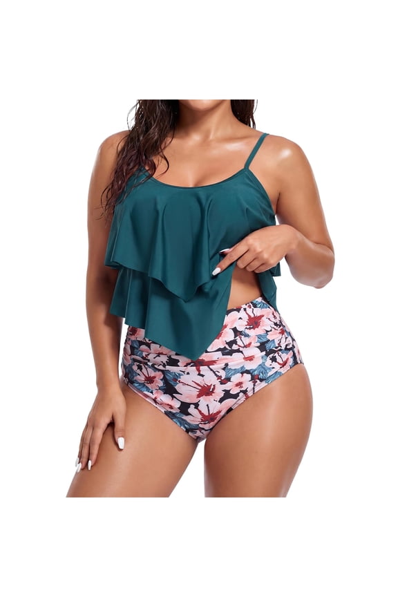 High Waisted Tankini Bathing Suits for Women Modest Swimsuits with Ruffle 2 Piece Tummy Control Swimwear Green Flower S