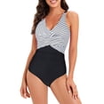 thumbnail image 1 of Zando Womens Tummy Control Bathing Suits Vintage One Piece Swimsuit Front Cross Swim Suit Black White Stripes M, 1 of 7