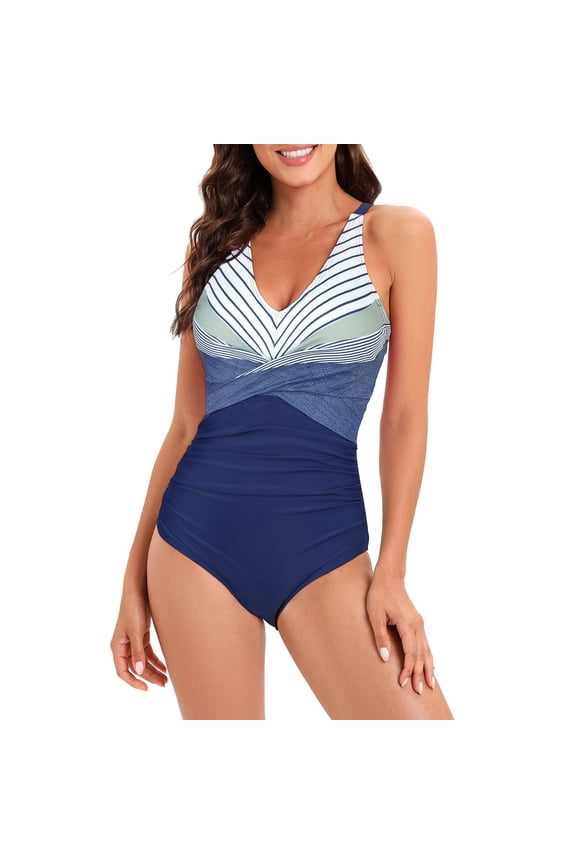One Piece Swimsuits for Women Tummy Control V Neck Bathing Suit Ruched Slimming Swimwear Navy Blue Stripes XL