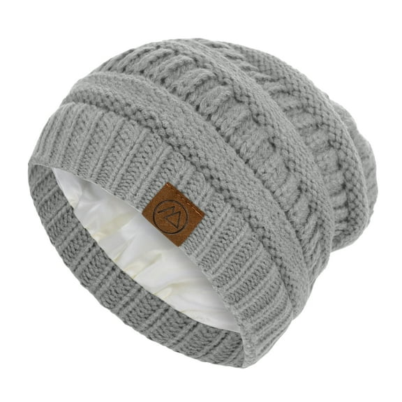 Zando Womens Winter Knitted Silk Lining Beanie Cable Satin Lined Hat Thick Chunky Slouchy Skull Warm Cap Light Grey