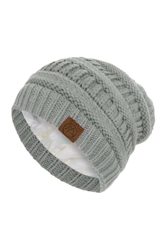 Womens Winter Knitted Silk Lining Beanie Cable Satin Lined Hat Thick Chunky Slouchy Skull Warm Cap Light Grey