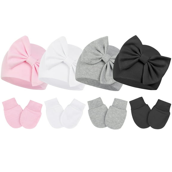Zando 4Pcs Infant Hat and Gloves Set Newborn Hats for Girls Knit Baby Hat with Bow Soft No Scratch Mittens 0-3 Months