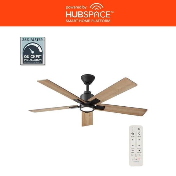 Hampton Bay Zandra II 52 in. Indoor/Outdoor Matte Black Ceiling Fan with Light Kit and Remote Included Powered by Hubspace
