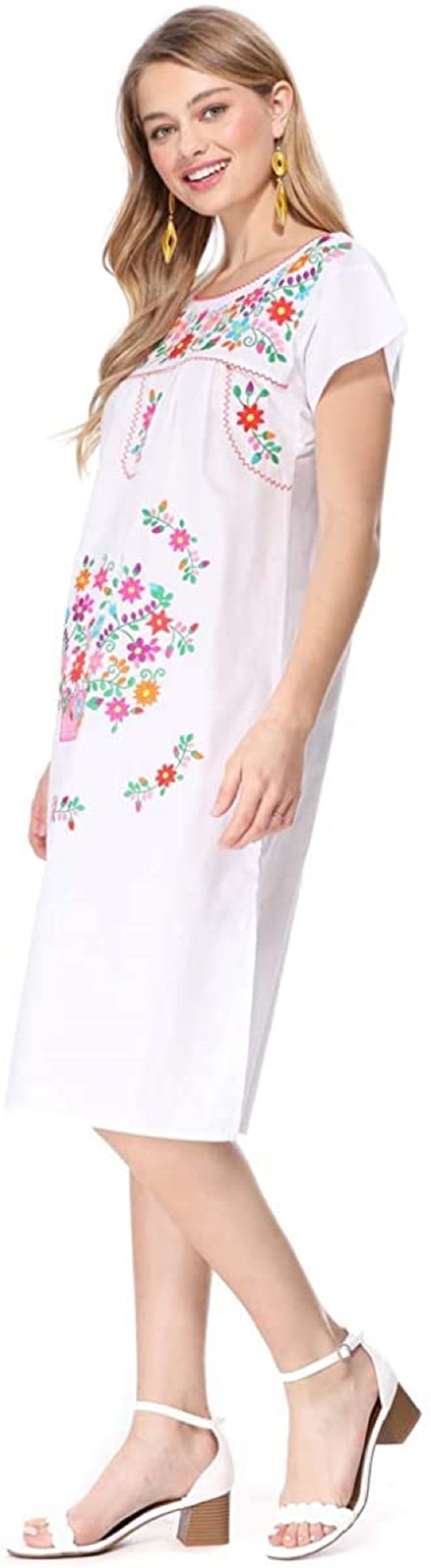 Zang Fashion Women's Puebla Mexican Inspired Traditional Floral Embroidered  Shirt Dress Casual Female 