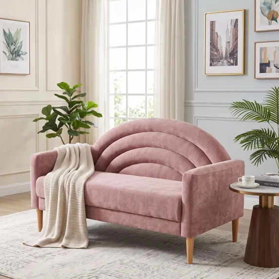 49 Inch Small Loveseat Sofa for Small Spaces,Mid Century Modern Linen Upholstered 2 Seat Couch with Rainbow Backrest,Pink