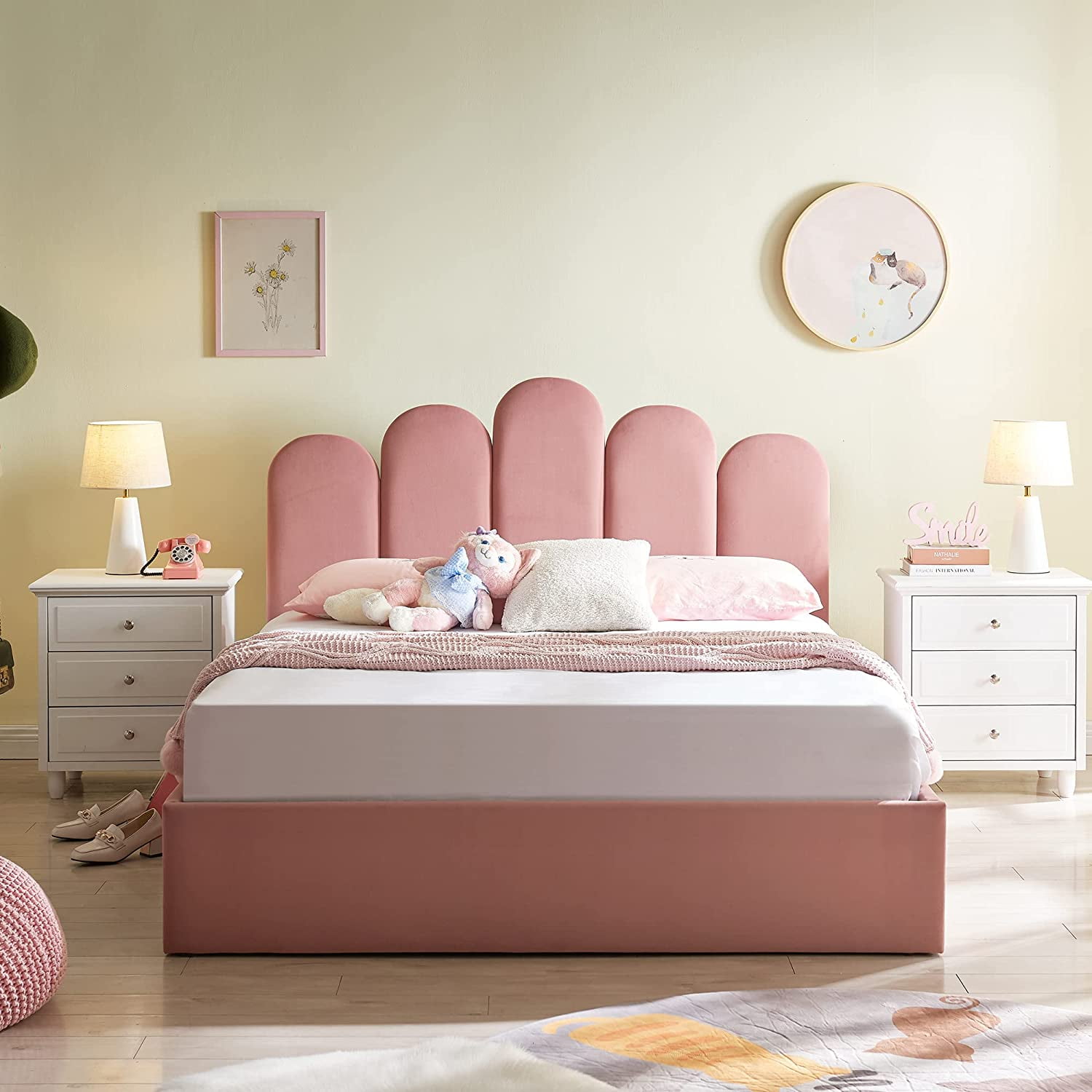 Zanmintaobo Full Bed Frame with Storage & Headboard, Upholstered Platform Bed with Hydraulic Storage System, No Box Spring Needed, with Wood Slats Support, Easy Assembly, Full Size, Pink