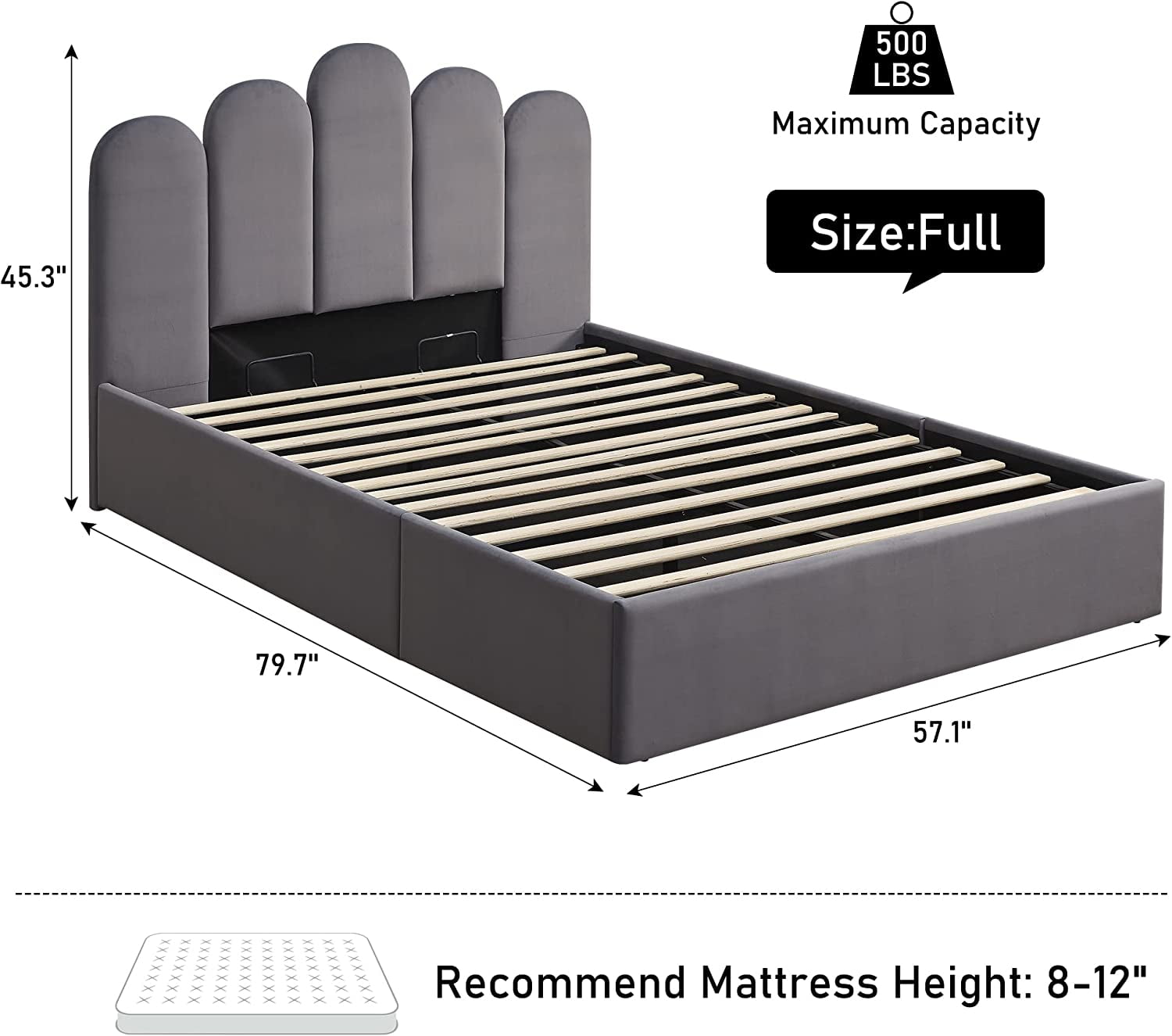 Zanmintaobo Full Bed Frame with Storage & Headboard, Upholstered Platform Bed with Hydraulic Storage System, No Box Spring Needed, Wood Slats Support, Easy Assembly, Full Size, Grey