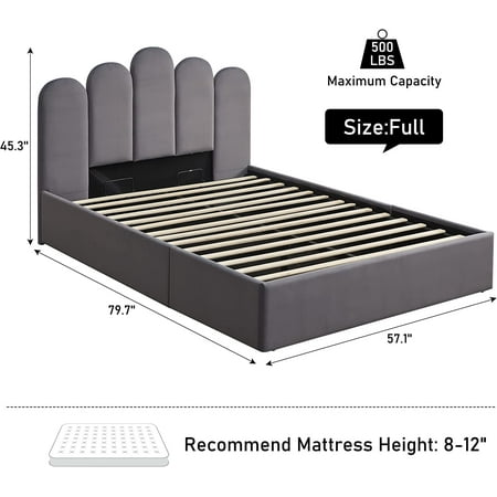 Zanmintaobo Full Bed Frame with Storage & Headboard, Upholstered Platform Bed with Hydraulic Storage System, No Box Spring Needed, Wood Slats Support, Easy Assembly, Full Size, Grey