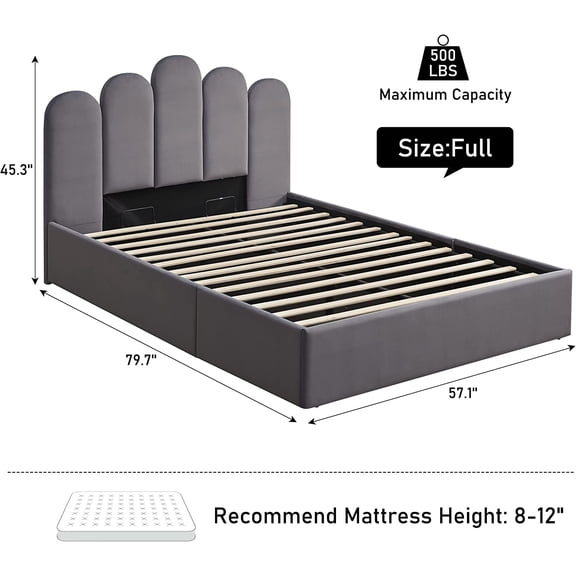 Zanmintaobo Full Bed Frame with Storage & Headboard, Upholstered Platform Bed with Hydraulic Storage System, No Box Spring Needed, Wood Slats Support, Easy Assembly, Full Size, Grey