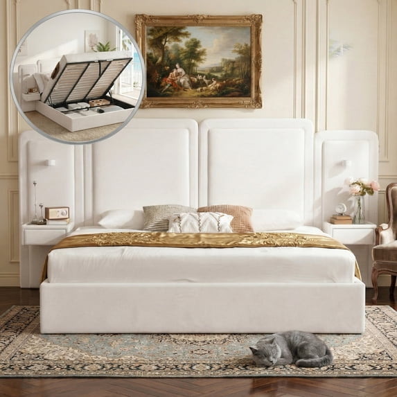 King Size Lift up Storage Upholstered Platform Bed with LED Lights & Nightstands Velvet Headboard,No Box Spring Needed,Brown