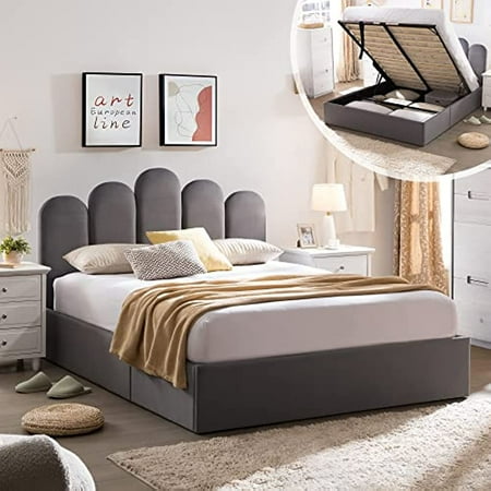 Zanmintaobo Queen Bed Frame with Storage & Headboard, Upholstered Platform Bed with Hydraulic Storage System, No Box Spring Needed Bed Frame with Wood Slats Support, Easy Assembly, Queen Size, Grey