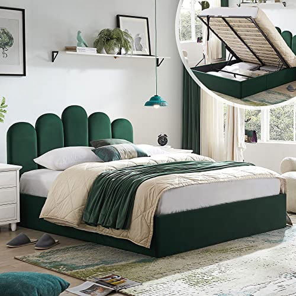 Zanmintaobo Queen Bed Frame with Storage & Headboard, Upholstered Platform Bed with Hydraulic Storage System, No Box Spring Needed, Wood Slats Support, Easy Assembly, Queen Size, Dark Green
