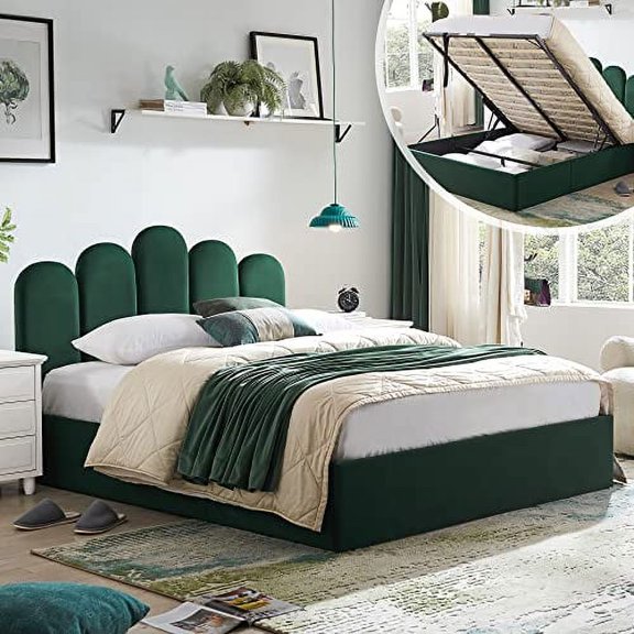 Zanmintaobo Queen Bed Frame with Storage & Headboard, Upholstered Platform Bed with Hydraulic Storage System, No Box Spring Needed, Wood Slats Support, Easy Assembly, Queen Size, Dark Green