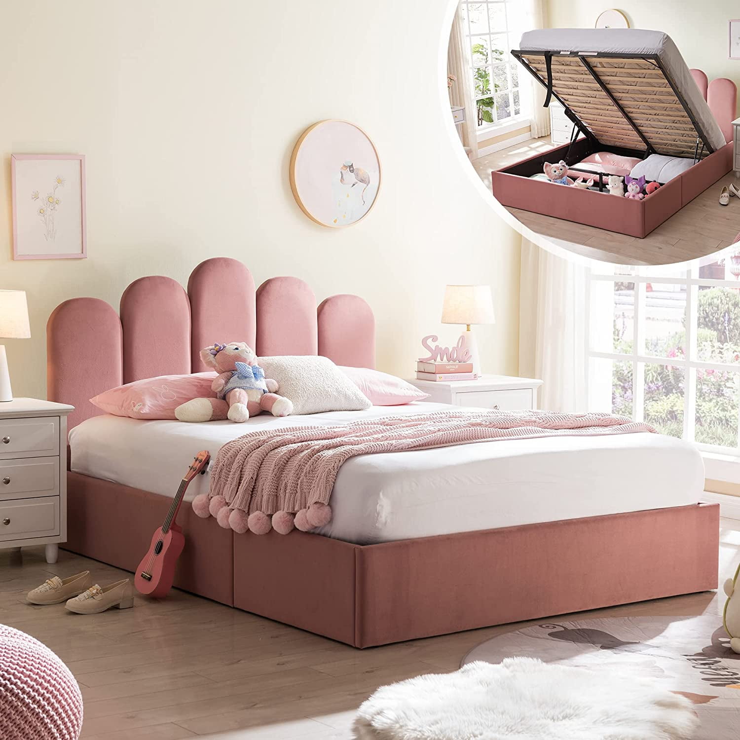 Zanmintaobo Queen Bed Frame with Storage Headboard Upholstered Platform Bed with Hydraulic Storage System No Box Spring Needed Bed Frame with Wood
