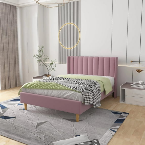 Zanmintaobo Upholstered Platform Bed Frame with Tufted Wingback, Full Size, Pink