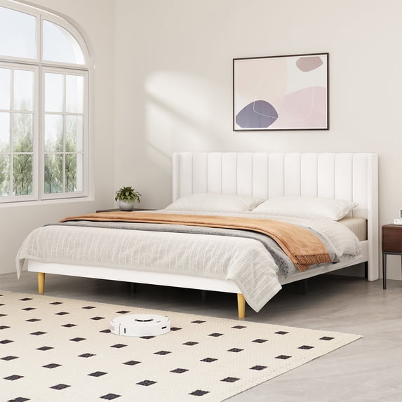 Zanmintaobo Upholstered Platform Bed Frame with Tufted Wingback, King Size, Cream