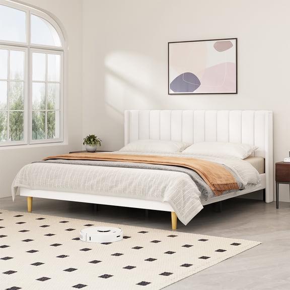 Zanmintaobo Upholstered Platform Bed Frame with Tufted Wingback, King Size, Cream