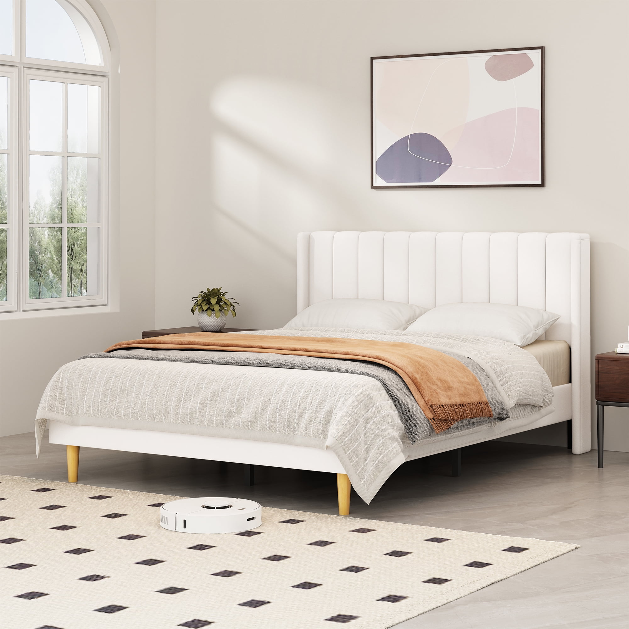 Zanmintaobo Upholstered Platform Bed Frame with Tufted Wingback, Queen Size, Cream
