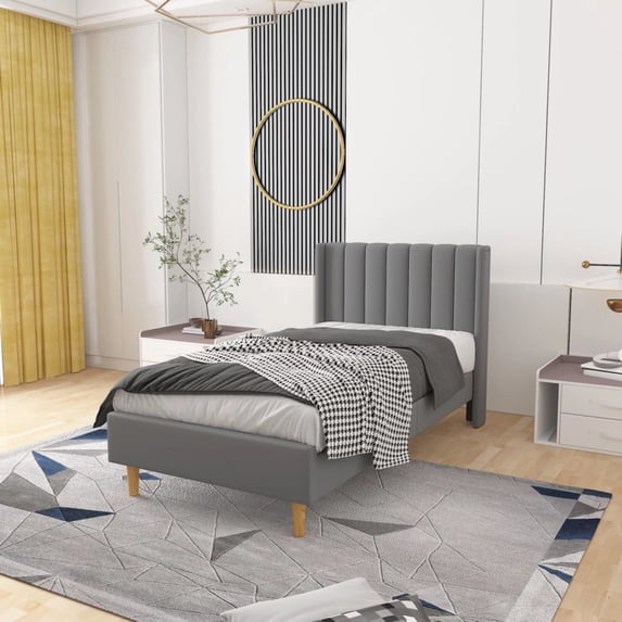 Zanmintaobo Upholstered Platform Bed Frame with Tufted Wingback, Twin Size, Gray