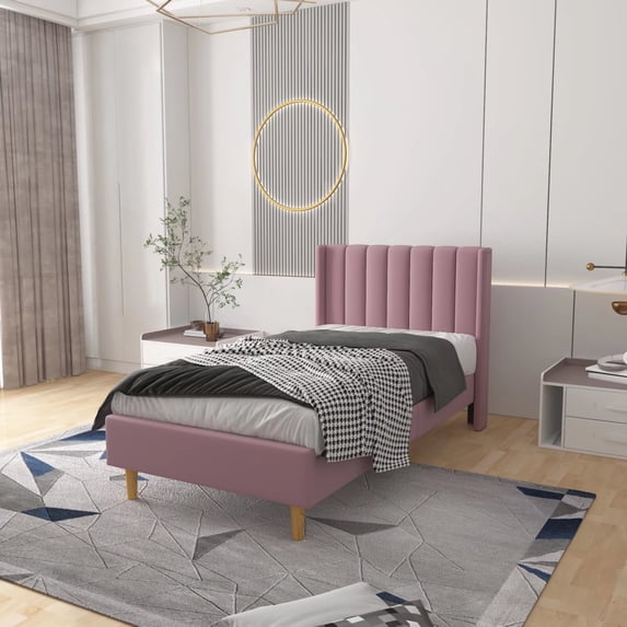 Zanmintaobo Upholstered Platform Bed Frame with Tufted Wingback, Twin Size, Pink