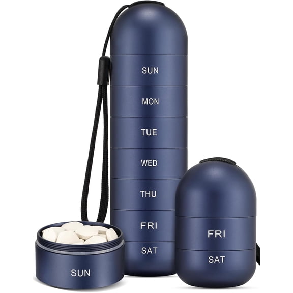 Zannaki Metal Moisture Proof Weekly Pill Organizer, Stackable Aluminum Alloy BPA Free Travel Hiking 7 Day Pill Box Case Waterproof and Large Compartment to Hold Pills, Vitamins, Fish Oil, Supplements