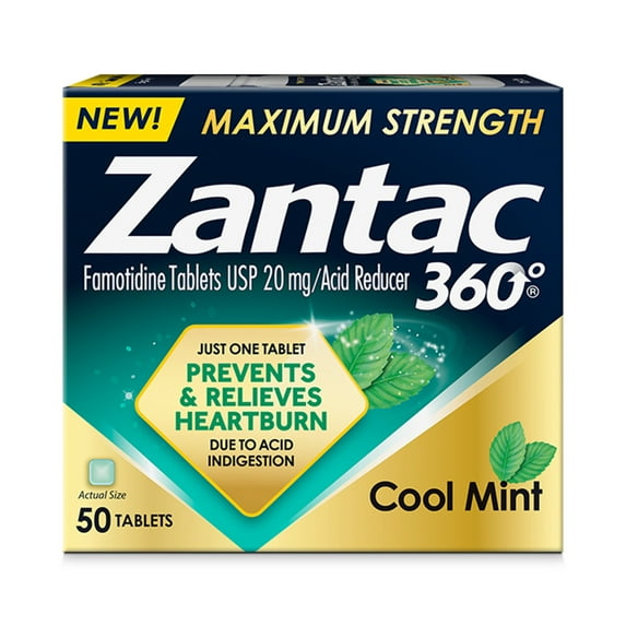 Zantac 360 Maximum Strength, Cool Mint, 50 Count, Heartburn Prevention & Relief, 20mg Tablets