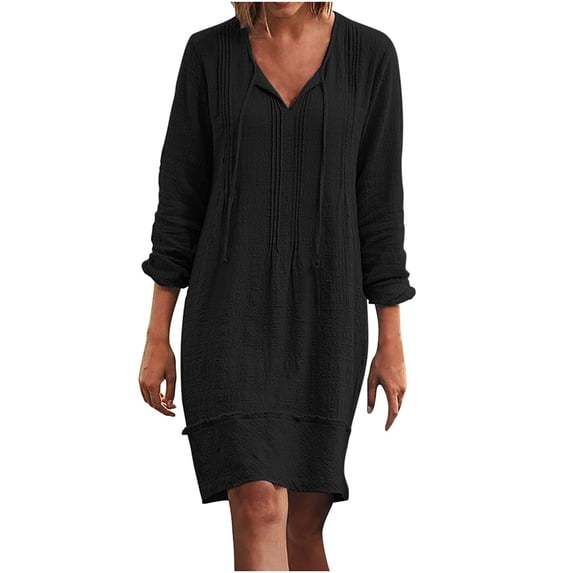 Zanvin Fall Dresses Clearance, Summer Cotton and Linen Dresses V-Neck 3/4 Sleeve Loose Solid Color Dress Below the Knee Dress A-Line Dress, Black, M