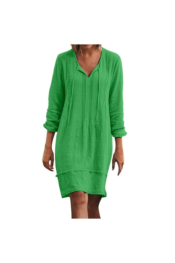Zanvin Fall Dresses , Summer Cotton and Linen Dresses V-Neck 3/4 Sleeve Loose Solid Color Dress Below the Knee Dress A-Line Dress, Green, M