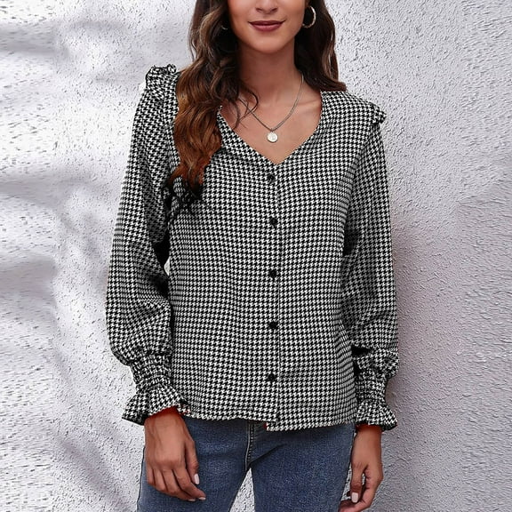 SROBPTY Fall Shirts Women's Winter V-Neck Houndstooth Temperament Print Fungus Edge Buttoned Long Sleeve Top, Black, L