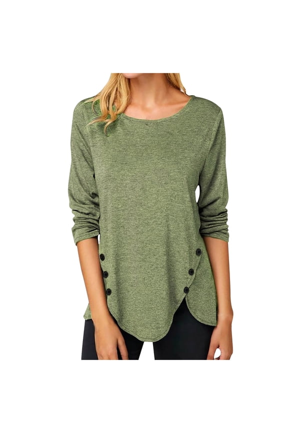 Zanvin Fall Shirts Sales ! Women's Fashion Solid Color Loose T-Shirt Long Sleeve Blouse Round Neckline Casual Tops, Green, L