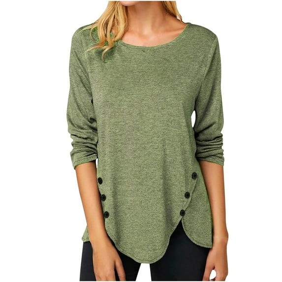 Zanvin Fall Shirts Sales Clearance! Women's Fashion Solid Color Loose T-Shirt Long Sleeve Blouse Round Neckline Casual Tops, Green, M