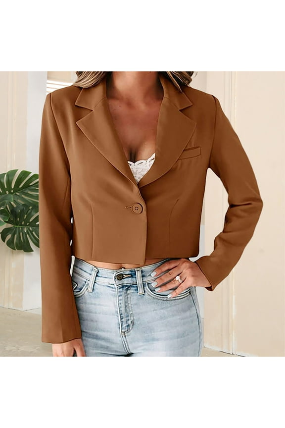 Fall Short Blazer Jacket for Women, Women Business Attire Lapel Solid Color Slim Fit Short Long Sleeve Cardigan Coat Tops Brown M