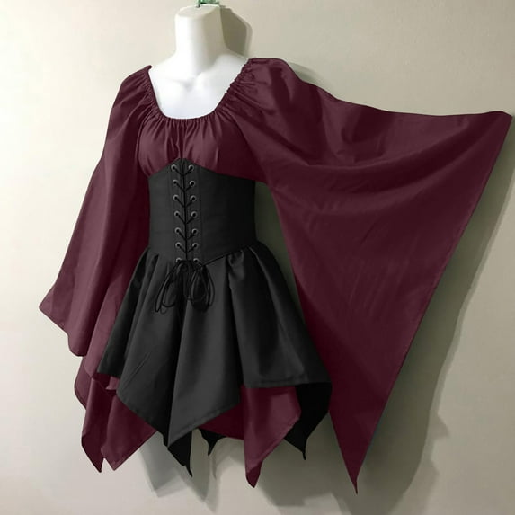 Zanvin Women Costumes Gothic Retro Long Sleeve Corset Dresses Long Sleeve Round Neckline Knee-High Dress Wedding Guest Dresses A-Line Dress Wine XL