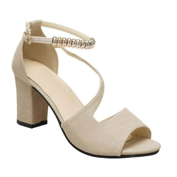 TAGOLD Women's Sandals Shoes on, up to 30% off, New Buckle Strap Chunky Heel Sandals Women's High Heels Beaded Fish Mouth Women's Sandals, Beige, 41