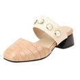 thumbnail image 1 of TAGOLD Women's Sandals Shoes on, up to 30% off, Women's Shoes Pearl Slip-on Sandals Square Mid Heel Round Toe Casual Plaid Slippers, Beige, 36, 1 of 8