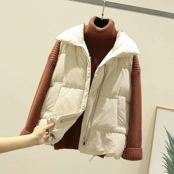 Zanvin Womens Cropped Puffer Vest Jacket, Womens Fall Fashion Pocket Vest Coat Short Jacket Winter Sleeveless Turn Down Collar Zipper Solid Color Cotton Vest, Beige, M